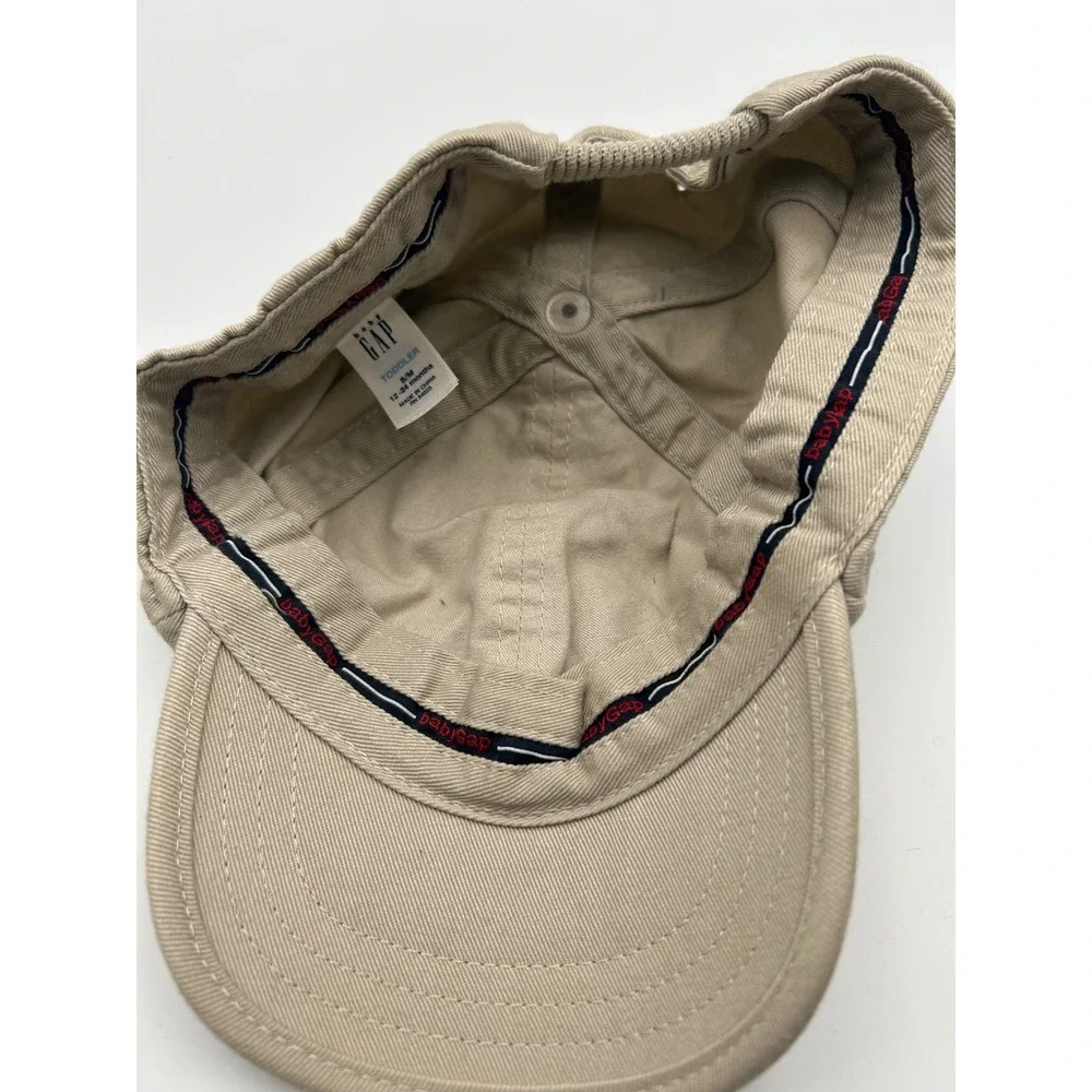 Baby Gap Toddler Khaki Tan Baseball Hat Navy Blue Logo Elastic Back Cap S/M